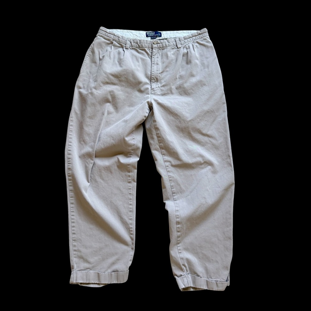 90's Polo Ralph Lauren Hammond Pant 38x30 Khaki Pleated Cuffed Chino Distressed